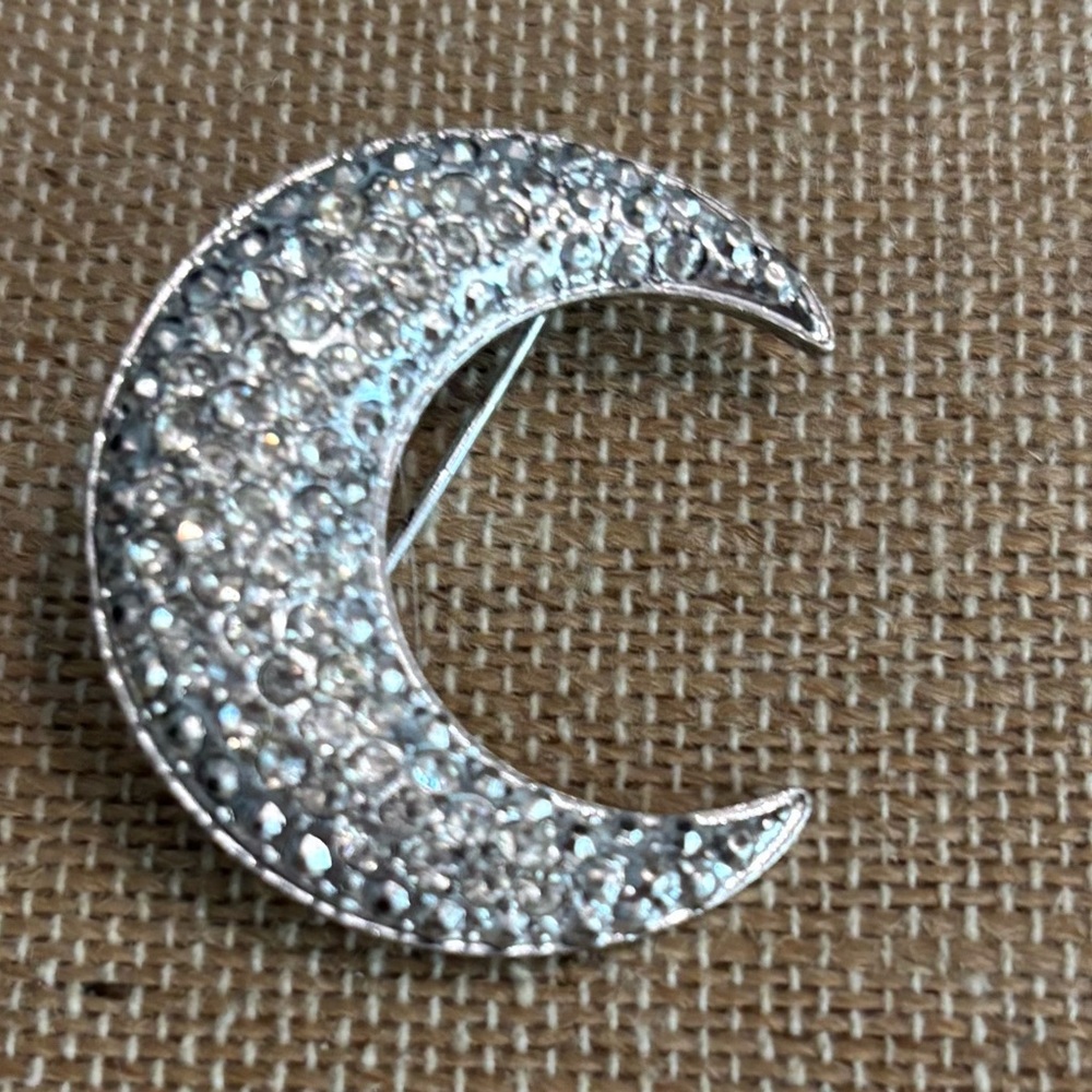 Vintage Silver And Crescent Moon Brooch Pin With Rhinestones